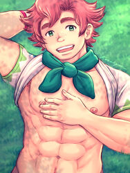 Rule 34 | 1boy, abs, arm behind head, bara, bare pectorals, bottomless, clothes lift, creatures (company), freckles, game freak, green eyes, highres, kusakyuu, looking at viewer, lying, male focus, milo (pokemon), muscular, muscular male, naked shirt, navel, nintendo, nipples, on back, pectorals, pink hair, pokemon, pokemon swsh, shirt, shirt behind neck, shirt lift, short hair, short sleeves, smile, solo, stomach, thick eyebrows