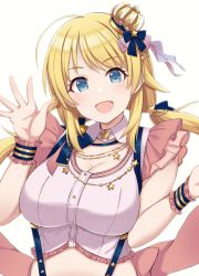 Rule 34 | 1girl, ahoge, blonde hair, blue eyes, blush, breasts, cleavage, crop top, crown, hachimiya meguru, hair ornament, highres, idolmaster, idolmaster shiny colors, jewelry, large breasts, long hair, looking at viewer, low twintails, mini crown, mitsukazu (nijigen complex), necklace, open mouth, ribbon, simple background, smile, solo, suspenders, twintails, white background, wrist cuffs