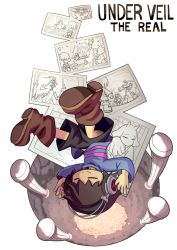 Rule 34 | 1girl, black shorts, blue skirt, boots, brown footwear, brown hair, closed eyes, closed mouth, drawing (object), falling, frisk (undertale), full body, hand on headphones, hand on headwear, headphones, highres, houten (dre a mer), pillar, purple shirt, shirt, short hair, shorts, simple background, skirt, smile, solo, striped clothes, striped shirt, undertale, upside-down, white background
