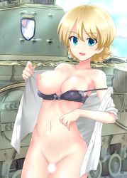 Rule 34 | 1girl, black bra, blonde hair, blue eyes, blush, bottomless, bra, bra pull, braid, breasts, censored, churchill (tank), clothes pull, collarbone, cowboy shot, darjeeling (girls und panzer), day, girls und panzer, groin, highres, large breasts, looking at viewer, medium breasts, military, military vehicle, motor vehicle, navel, nendoroya, nipples, open clothes, open mouth, open shirt, outdoors, puffy areolae, purple bra, shiny skin, shirt, short hair, smile, solo, standing, tank, thighs, tongue, underwear, undressing, white shirt