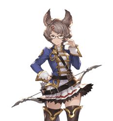 Rule 34 | 10s, 1girl, adjusting eyewear, animal ears, bag, belt, bow (weapon), breasts, brown hair, detached sleeves, erune, glasses, granblue fantasy, grey eyes, hair ornament, hairclip, hand on own hip, jacket, looking at viewer, medium breasts, minaba hideo, mole, mole under mouth, official art, quiver, school uniform, serious, skirt, solo, sutera (granblue fantasy), thighhighs, transparent background, weapon, zettai ryouiki