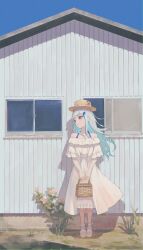 Rule 34 | absurdres, basket, blue hair, colored inner hair, dress, frilled dress, frills, full body, gradient hair, hair ornament, hairclip, hat, highres, holding, holding basket, lize helesta, long hair, looking to the side, medium dress, multicolored hair, nakashima (pluscolor), nijisanji, off-shoulder dress, off shoulder, outdoors, purple eyes, sandals, short sleeves, straw hat, streaked hair, v arms, virtual youtuber, white dress, white footwear, white hair