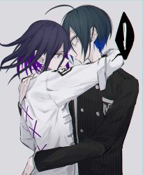 Rule 34 | !, 2boys, ahoge, alternate hair color, arm around shoulder, black hair, black jacket, blue hair, breast pocket, buttons, colored inner hair, commentary request, danganronpa (series), danganronpa v3: killing harmony, double-breasted, from side, gakuran, grey background, hand on another&#039;s hip, highres, holding, hug, iumi urura, jacket, long sleeves, looking at another, male focus, medium hair, multicolored hair, multiple boys, oma kokichi, pocket, purple hair, saihara shuichi, school uniform, short hair, simple background, striped clothes, striped jacket, upper body, white jacket, yaoi