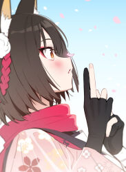 Rule 34 | 1girl, animal ear fluff, animal ears, black gloves, black hair, blue archive, blue sky, blurry, blush, brown eyes, commentary request, depth of field, facing away, falling petals, fingerless gloves, fox ears, fox girl, fpanda, from side, gloves, hadanugi dousa, hair between eyes, hair ornament, highres, izuna (blue archive), japanese clothes, kuji-in, long sleeves, looking away, looking up, medium hair, open kimono, parted lips, petals, pom pom (clothes), pom pom hair ornament, red scarf, scarf, sidelocks, simple background, sky, solo, white background, wide sleeves