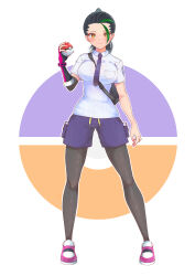 Rule 34 | 1girl, absurdres, backpack, bag, black bag, black hair, black pantyhose, breasts, closed mouth, collared shirt, commentary request, creatures (company), eyelashes, fingerless gloves, full body, game freak, gloves, green hair, hachimitsu shitate, hand up, highres, holding, holding poke ball, large breasts, legs apart, looking at viewer, necktie, nemona (pokemon), nintendo, orange eyes, outline, pantyhose, poke ball, poke ball (basic), pokemon, pokemon sv, ponytail, purple necktie, purple shorts, shirt, shoes, shorts, single glove, smile, solo, standing, white shirt