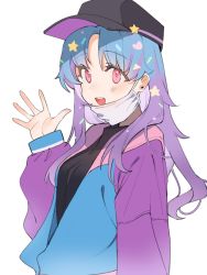 Rule 34 | 1girl, bad id, bad pixiv id, baseball cap, black hat, black shirt, blue hair, blue jacket, blush, breasts, commentary, confetti, cookie run, genderswap, genderswap (mtf), gradient hair, hair ornament, hat, heart, heart hair ornament, highres, hufy, humanization, jacket, long hair, mask, mouth mask, multicolored clothes, multicolored hair, multicolored jacket, parted bangs, partially unzipped, pink eyes, popping candy cookie, purple hair, purple sleeves, shirt, solo, star (symbol), star hair ornament, surgical mask, upper body, waving