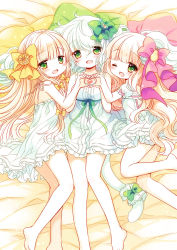Rule 34 | 3girls, :d, ;d, avocado (fruits fulcute!), bare arms, bare shoulders, barefoot, bed sheet, blonde hair, blunt bangs, blush, bow, breasts, cat tail, character request, check character, commentary request, dress, fruits fulcute!, girl sandwich, green bow, green eyes, hair between eyes, hair bow, heart, heart hands, heart hands trio, heart in heart hands, highres, lemon (fruits fulcute!), long hair, looking at viewer, lying, multiple girls, on back, on side, one eye closed, open mouth, papaya (fruits fulcute!), pillow, pink bow, puffy short sleeves, puffy sleeves, sakurazawa izumi, sandwiched, short sleeves, sleeveless, sleeveless dress, small breasts, smile, tail, very long hair, white dress, white hair, yellow bow