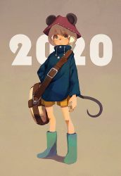 Rule 34 | 2020, androgynous, animal ears, aqua eyes, aqua footwear, bag, boots, brown background, chinese zodiac, gender request, hat, highres, kunitarou-art, long sleeves, looking at viewer, mouse ears, mouse tail, original, red hat, short hair, shorts, shoulder bag, solo, tail, white hair, year of the rat, yellow shorts