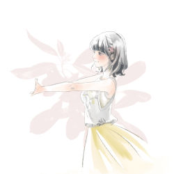 Rule 34 | 1girl, black hair, blush, cu al, hands up, highres, kayano ai, pink ribbon, profile, real life, ribbon, voice actor, shirt, skirt, sleeveless, solo, standing, white background, white shirt, yellow skirt
