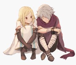 Rule 34 | 1boy, 1girl, bandages, blonde hair, blush, cape, closed eyes, dress, gloves, hair over one eye, jewelry, long hair, octopath traveler, octopath traveler i, ophilia (octopath traveler), scarf, short hair, simple background, sleeping, smile, therion (octopath traveler), white hair, wspread