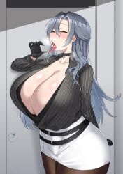 Rule 34 | 1girl, absurdres, belt, black collar, black gloves, black shirt, black undershirt, blush, breasts, character request, cleavage, collar, commentary request, copyright request, corrupted file, door, fellatio gesture, gloves, grey hair, hand up, highres, huge breasts, indoors, long hair, looking at viewer, multiple belts, noe (ppppriver), open mouth, pantyhose, shiny skin, shirt, skirt, solo, standing, star (symbol), steam, striped clothes, striped shirt, tongue, tongue out, undershirt, white skirt, yellow eyes
