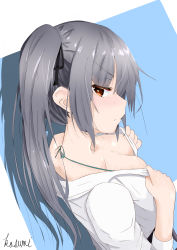 Rule 34 | 1girl, absurdres, alternate breast size, breasts, brown eyes, character name, cleavage, covered erect nipples, from above, from side, grey hair, hair ribbon, highres, kantai collection, kasumi (kancolle), kasumi kai ni (kancolle), long hair, long sleeves, looking at viewer, ribbon, shirt, side ponytail, solo, terry311 or perry taisa, upper body, white shirt