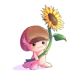Rule 34 | :3, black eyes, blush, brown hat, burger hat, closed mouth, commentary, digimon, digimon (creature), ebiburgamon, flower, full body, happy, hat, holding, holding flower, kayaxxxra, no humans, smile, solo, standing, sunflower, yellow flower