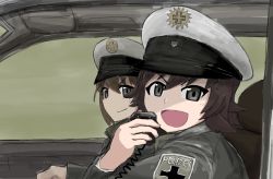 Rule 34 | 10s, 2girls, alternate costume, bad id, bad pixiv id, black eyes, black jacket, brown hair, closed mouth, commentary, driving, german text, geshiko (girls und panzer), girls und panzer, hat, holding, jacket, looking at viewer, mauko (girls und panzer), miraruto (h3yja), multiple girls, open mouth, peaked cap, police, police hat, radio, short hair, smirk, v-shaped eyebrows, vehicle interior, white hat