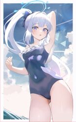 Rule 34 | 1girl, absurdres, arm behind head, armpits, black one-piece swimsuit, blue archive, blue halo, blue sky, bow, breasts, cloud, cloudy sky, collarbone, commentary request, covered navel, cowboy shot, darudana, frilled one-piece swimsuit, frills, gluteal fold, grey eyes, groin, hair between eyes, hair bow, hair ribbon, halo, highres, horizon, in water, long hair, looking at viewer, miyako (blue archive), miyako (swimsuit) (blue archive), ocean, official alternate costume, official alternate hairstyle, one-piece swimsuit, outdoors, outside border, parted lips, ribbon, sidelocks, sky, sleeveless, small breasts, solo, spaghetti strap, swimsuit, thighs, water, white hair