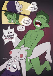 Rule 34 | 1boy, 1girl, beast boy (dc), between legs, breasts, dc comics, grabbing, grabbing another&#039;s breast, green hair, highres, looking at another, nipples, open mouth, purple hair, raven (dc), sex, sexually suggestive, tagme, teen titans