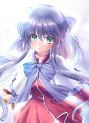 Rule 34 | 1girl, arms at sides, blue bow, blue hair, blush, bow, capelet, closed mouth, commentary request, cowboy shot, dress, expressionless, eyelashes, eyes visible through hair, floating hair, green eyes, hair between eyes, hair bow, highres, holding, holding sword, holding weapon, kanon, kawasumi mai, lips, long hair, looking at viewer, ponytail, red dress, school uniform, short dress, sidelocks, simple background, snowing, solo, standing, sword, very long hair, weapon, white background, white capelet, yukiomi kizuki