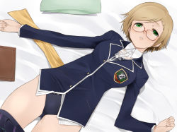Rule 34 | 1girl, aka ume, bed, black panties, blonde hair, clothes pull, glasses, godou tsugumi, green eyes, lying, on back, one-piece swimsuit, panties, school uniform, see-through, short hair, skirt, skirt pull, solo, swimsuit, swimsuit under clothes, tokimeki memorial, tokimeki memorial 4, underwear, undressing, wet, wet clothes