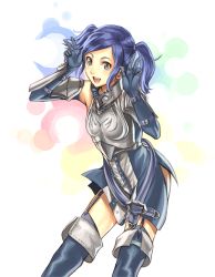 Rule 34 | 1girl, armor, athenawyrm, blue eyes, blue hair, boots, cynthia (fire emblem), fire emblem, fire emblem awakening, garter straps, gloves, matching hair/eyes, nintendo, open mouth, short hair, short twintails, smile, solo, thigh boots, thighhighs, twintails