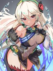 Rule 34 | 1girl, bare shoulders, breasts, closed mouth, corrin (female) (fire emblem), corrin (female) (resplendent) (fire emblem), corrin (fire emblem), covered navel, cowboy shot, dress, elbow gloves, fire emblem, fire emblem fates, fire emblem heroes, gloves, grey background, hair between eyes, highres, hirotaka (hrtk990203), long hair, looking at viewer, medium breasts, nintendo, official alternate costume, pointy ears, red eyes, short dress, smile, solo, thighhighs, very long hair, water, white hair