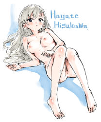 Rule 34 | 1girl, barefoot, blue eyes, blush, breasts, character name, completely nude, earrings, full body, hamao, highres, hisakawa hayate, idolmaster, idolmaster cinderella girls, jewelry, long hair, lying, medium breasts, nipples, nude, on back, open mouth, pussy, shiny skin, sketch, solo, straight hair, very long hair, white hair