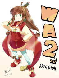 Rule 34 | 1girl, ahoge, brown hair, cape, closed mouth, closed umbrella, copyright name, dated, full body, green eyes, hairband, hand on own hip, lilka eleniak, long hair, looking at viewer, low-tied long hair, over shoulder, red cape, shoes, smile, solo, standing, thighhighs, twintails, umbrella, white background, white thighhighs, wild arms, wild arms 2, yellow hairband, yuu-yuu