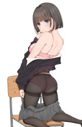 Rule 34 | 1girl, absurdres, ass, bad id, bad pixiv id, black hair, black pantyhose, black skirt, black sweater, blue eyes, blush, bob cut, bra, breasts, closed mouth, clothes pull, commentary request, from behind, hand to own mouth, highres, kneeling, long sleeves, looking at viewer, looking back, medium breasts, off shoulder, on chair, original, panties, panties under pantyhose, pantyhose, pink bra, pink panties, pleated skirt, school uniform, see-through, short hair, simple background, skirt, skirt pull, solo, sweater, thighband pantyhose, uiri-na, underwear, white background