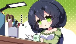 Rule 34 | ..., 1girl, :&lt;, black hair, breasts, chibi, cleavage, collarbone, commentary request, cup, dress, green background, green eyes, green jacket, hair between eyes, highres, holding, holding cup, jacket, kyoumachi seika, lamp, large breasts, long sleeves, looking at viewer, milkpanda, mug, off shoulder, open clothes, open jacket, parted lips, pen, pencil, polka dot, polka dot background, ruler, scissors, short eyebrows, sleeves past wrists, solo, strapless, strapless dress, thick eyebrows, triangle mouth, two-tone background, voiceroid, white background, white dress