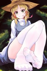 Rule 34 | 1girl, blonde hair, closed mouth, commentary request, feet, foot focus, forked tongue, grass, green eyes, hair ribbon, hakurei fling, hat, highres, long sleeves, long tongue, looking at viewer, moriya suwako, no shoes, outdoors, panties, pantyshot, parted bangs, purple skirt, purple vest, red ribbon, ribbon, shirt, short hair, sitting, skindentation, skirt, skirt set, sleeves past wrists, smile, soles, solo, spread toes, thighhighs, toes, tongue, tongue out, touhou, underwear, vest, white panties, white shirt, white thighhighs