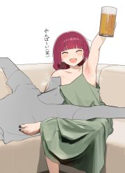 Rule 34 | 1boy, 1girl, absurdres, alcohol, armpits, barefoot, beer, blunt bangs, bocchi the rock!, ear piercing, fang, feet, foot out of frame, highres, hiroi kikuri, jikatarou, licking, licking armpit, nail polish, piercing, red hair, simple background, steam, steaming body, toe scrunch, toenail polish, toenails, toes, translation request, white background