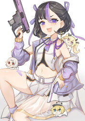 Rule 34 | 1girl, :3, :d, black hair, blonde hair, blush, breasts, collarbone, commentary, creature, doro (nikke), drake (nikke), earrings, fang, goddess of victory: nikke, green eyes, grey hair, gun, hair between eyes, hair ribbon, highres, holding, holding gun, holding weapon, jacket, jewelry, laplace (nikke), leg tattoo, looking at viewer, matis (nikke), maxwell (nikke), midriff, mole, mole under eye, multicolored hair, navel, necktie, off shoulder, open mouth, parted bangs, purple eyes, purple hair, purple jacket, purple necktie, purple ribbon, red eyes, ribbon, see-through, shirt, shoes, short hair, short necktie, single bare shoulder, sitting, skirt, small breasts, smile, streaked hair, submachine gun, syuen (nikke), tattoo, triangle earrings, twintails, visor cap, weapon, white footwear, white shirt, white skirt, yougenko