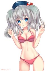 Rule 34 | 10s, 1girl, bad id, bad pixiv id, bikini, blue eyes, blush, breasts, cleavage, hat, highres, kantai collection, kashima (kancolle), keyspace, leaning, long hair, looking at viewer, navel, silver hair, solo, swimsuit, twintails, v
