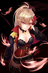 Rule 34 | 1girl, asymmetrical footwear, azur lane, blood, blood on face, boots, bow, breasts, corset, gloves, gold bracelet, gold choker, hair between eyes, hair bow, half gloves, highres, jean bart (azur lane), knee boots, light brown hair, long hair, ponytail, red eyes, red gloves, short shorts, shorts, single knee boot, single thighhigh, solo, striped clothes, striped thighhighs, thighhighs, uneven footwear, ushimisuji, vertical-striped clothes, vertical-striped thighhighs