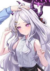 Rule 34 | 1girl, absurdres, ahoge, bare arms, bare shoulders, blue archive, blush, closed mouth, commentary request, demon girl, demon horns, dress, forehead, hair ornament, hair rings, hairclip, halo, hands up, headpat, highres, hina (blue archive), horns, long hair, looking at viewer, official alternate costume, parted bangs, pencil skirt, ponytail, purple eyes, sensei (blue archive), shy, sidelocks, simoumi 217, simple background, skirt, sleeveless, white background, white dress, white hair