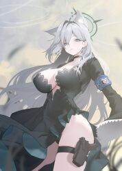 Rule 34 | 1girl, animal ears, black choker, black dress, blue archive, blush, breasts, choker, dress, green eyes, grey hair, gun, halo, highres, holstered, large breasts, long hair, long sleeves, looking at viewer, parted lips, shiroko (blue archive), shiroko terror (blue archive), thigh strap, thighs, weapon, xiujia yihuizi