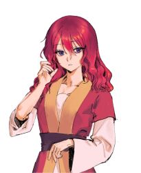 Rule 34 | 1girl, akatsuki no yona, bad id, bad twitter id, commentary request, dress, hair between eyes, korean commentary, long sleeves, looking to the side, medium hair, pink dress, purple sash, red hair, red vest, sash, simple background, solo, upper body, vest, white background, yona (akatsuki no yona), yona hyeon