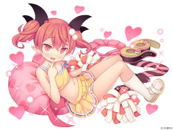 Rule 34 | 1girl, :d, bare arms, bare shoulders, bat hair ornament, black socks, blush, breasts, cheerleader, collarbone, crop top, demon girl, emelia pris, finger to mouth, full body, hair between eyes, hair ornament, heart, heart-shaped pillow, heart print, kneehighs, knees up, light particles, looking at viewer, looking to the side, midriff, miniskirt, monmusu harem, monmusume-harem, namaru (summer dandy), navel, official art, open mouth, pillow, pink eyes, pink hair, pink skirt, pink socks, pointy ears, pom pom (cheerleading), pop-up story, print legwear, print pillow, reclining, sandals, short hair, short twintails, simple background, skirt, slit pupils, small breasts, smile, socks, solo, sparkle, star (symbol), star print, striped clothes, striped socks, striped thighhighs, thighhighs, tsurime, twintails, unworn legwear, unworn skirt, white background, white socks, yellow skirt