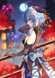 Rule 34 | 1girl, ahoge, aile (crossroads), bare shoulders, black gloves, blue hair, breasts, commentary request, detached sleeves, dress, ganyu (genshin impact), ganyu (twilight blossom) (genshin impact), genshin impact, gloves, goat horns, hair between eyes, highres, horns, long hair, long sleeves, looking at viewer, medium breasts, official alternate costume, official alternate hairstyle, purple eyes, sideboob, sidelocks, smile, solo
