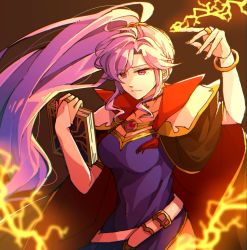 Rule 34 | 1girl, bad id, bad twitter id, belt, book, bracelet, breasts, bridal gauntlets, cleavage, closed mouth, commentary, elbow gloves, fire emblem, fire emblem: genealogy of the holy war, gloves, holding, holding book, hzk (ice17moon), ishtar (fire emblem), jewelry, light purple hair, lightning, long hair, nintendo, ponytail, purple eyes, solo, white belt, white gloves