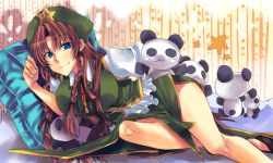 Rule 34 | 1girl, bed sheet, blue eyes, breasts, chinese clothes, crossed legs, cushion, female focus, frills, hat, hong meiling, large breasts, light smile, long hair, looking at viewer, lying, md5 mismatch, naridon, naririnn, on side, panda, puffy short sleeves, puffy sleeves, red hair, resolution mismatch, short sleeves, side slit, solo, source smaller, star (symbol), stuffed animal, stuffed panda, stuffed toy, tangzhuang, teddy bear, thighs, touhou