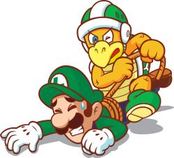 Rule 34 | absurdres, boots, closed eyes, facial hair, gloves, green footwear, green headwear, green shirt, hammer brothers, hat, highres, luigi, mario (series), mustache, nintendo, official art, rope, shirt, simple background, super princess peach, teeth, tied up (nonsexual), transparent background, white gloves