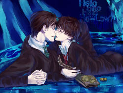 Rule 34 | 2boys, boots, brown hair, diary, english text, eye contact, feathers, furayu (flayu), glasses, green eyes, harry potter, harry potter (series), holding hands, imminent kiss, looking at another, male focus, multiple boys, necktie, nirvana (band), numeri (pixiv), quill, red eyes, school uniform, short hair, striped neckwear, tape, tom marvolo riddle, uniform, water, wide-eyed, wizarding world, yaoi