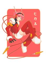 Rule 34 | 1girl, angelic layer, bodysuit, border, cable, floating, full body, gloves, headset, highres, hikaru (angelic layer), huisang0000, looking at viewer, parted lips, pink hair, red bodysuit, red eyes, red gloves, red thighhighs, short hair, solo, thighhighs, translation request, white border