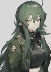Rule 34 | 1girl, ahoge, antenna hair, arknights, chromatic aberration, gavial (arknights), gavial (combat medic) (arknights), green hair, green jacket, grey background, hair between eyes, highres, jacket, long hair, material growth, midriff, official alternate costume, oripathy lesion (arknights), patch, pointy ears, popped collar, signature, simple background, solo, uyuu (hirameki), yellow eyes