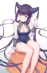 Rule 34 | 1girl, absurdres, bare shoulders, black dress, blue eyes, blunt bangs, blush, breasts, china dress, chinese clothes, cleavage, closed mouth, detached sleeves, dress, fate/grand order, fate (series), gradient background, hair ornament, highres, large breasts, long hair, looking at viewer, purple hair, sidelocks, sitting, smile, solo, thighs, twintails, urigarasu, very long hair, white background, yang guifei (fate), yang guifei (second ascension) (fate)