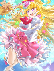 Rule 34 | 1girl, :d, artist name, asahina mirai, blonde hair, blush, boots, bow, broom, clear glass (mildmild1311), cloud, commentary request, cure miracle, dress, earrings, eyelashes, gloves, hair ornament, half updo, happy, hat, highres, holding, holding broom, jewelry, light blush, long hair, looking at viewer, magical girl, mahou girls precure!, mini hat, mini witch hat, mofurun (mahou girls precure!), open mouth, pink dress, pointing, pointing at viewer, precure, puffy short sleeves, puffy sleeves, purple eyes, short sleeves, signature, sky, smile, solo, twitter username, two-tone dress, white dress, white gloves, witch hat