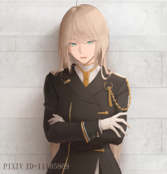 Rule 34 | 1girl, bad id, bad pixiv id, blonde hair, breasts, coat, crossed arms, eyebrows hidden by hair, gloves, green eyes, long hair, looking at viewer, military, military uniform, missouri (warship girls r), necktie, open mouth, rifu (643763873), shirt, solo, uniform, wall, warship girls r, white gloves