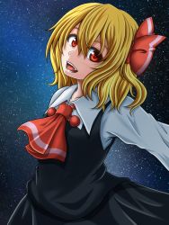 Rule 34 | 1girl, :d, blonde hair, hair ribbon, highres, open mouth, outstretched arms, red eyes, ribbon, rumia, shirt, short hair, skirt, sky, smile, solo, spread arms, star (sky), starry sky, suikyou (aqua cities), touhou, vest