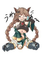 Rule 34 | 10s, 1girl, braid, breasts, carmelina (granblue fantasy), cleavage, crying, draph, fang, gene (gear gene), granblue fantasy, hair ornament, hand over eye, highres, horns, open mouth, simple background, sitting, solo, tears, twin braids, twintails, wariza, white background