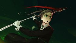 Rule 34 | 1girl, black coat, black pants, brown hair, coat, collared shirt, edpan, gloves, glowing, glowing eyes, green eyes, green necktie, highres, holding, holding scythe, long sleeves, maka albarn, necktie, open mouth, pants, scythe, shirt, solo, soul eater, twintails, white gloves, white shirt, wing collar